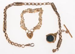 A watch chain and fob and a gate bracelet, an ornate link watch chain with T-bar and swivel clasp,