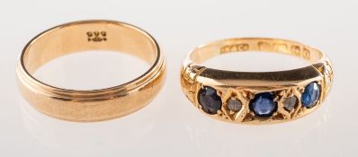 Two rings, including a wedding band, marked 585, size K to K1/2, 3.