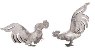 A pair of 20th century continental silver table decorations, in the form of fighting cocks,