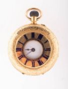 An 18k gold half-hunter fob watch the white enamel dial having black Roman numerals and blued-steel
