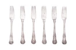 A Victorian matched set of six silver dessert forks, King's pattern, five by John James Whiting,