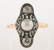 An Art Deco diamond, pearl and paste stone set ring, a bi-metal openwork ring of navette form,