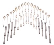 An early 20th century part-canteen of silvergilt & niello Russian flatware,