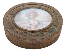 A 19th century gilt-metal dressing table box, oval form, with a gadrooned border, material lining,