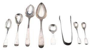 Mixed Irish silver flatware, to include a bright-cut tablespoon, a Fiddle tablespoon,