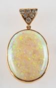 An opal and diamond pendant, the 'V' shaped bale set with six brilliant-cut diamonds,