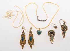 A mixed group of antique turquoise and pearl set jewellery,