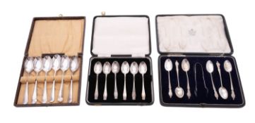 Two cased sets of silver tea/ coffee spoons, one set in a decorative pattern, by Francis Howard Ltd,
