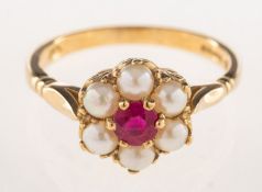 A 9ct gold ruby and pearl cluster ring,