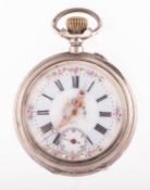 A silver pocket watch, the dial having floral and foliate decoration,