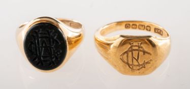 Two signet rings, including an 18ct gold signet ring with carved monogram, UK hallmark, Birmingham,