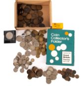 A collection of coins including 1687 Halfcrown, 1855 penny, 1843 Royal Mint coin weight.