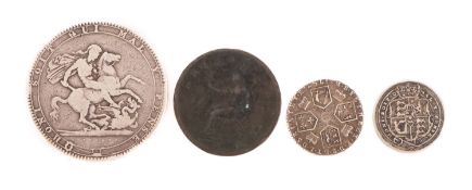 Collection of George III coins, comprising an 1819 Crown, two Sixpences and a Hapenny,
