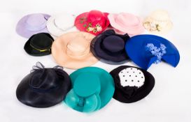 A large collection of ladies occasional hats, including a 'The Ridgmonts Make' green felt hat,