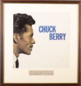 A Chuck Berry signature together with a print. Farmed and glazed, 47cm high, 44cm wide.