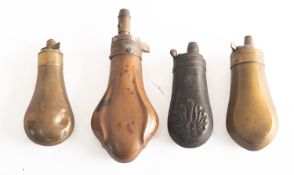 A group of four various copper and brass pistol powder flasks, unsigned.