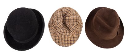 A group of three men's hats, including a brown felt 'Dunn & Co' Fedora, size 6 5/8,