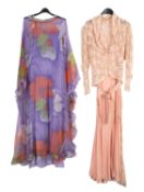 A group of five 1960's and later full length dresses, including a lilac slip dress with a lilac,