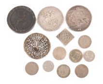 A 1797 cartwheel twopence, an 1819 George III crown, an 1821 George IV crown (brooched),