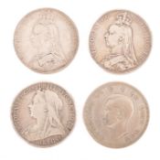 Three Victorian crowns: 1890, 1892, 1897. Together with a 1937 crown.