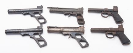 Six assorted Webley air pistol frames. Including a MkI, Senior and others.