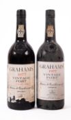 Two bottles of Grahams 1977 vintage port. One label damaged, 75cl, no vol shown.