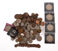 A collection of mainly British coins including pre-1947 coinage and a Silver Threepence.