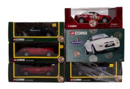 Six Corgi diecast 1:18 scale diecast cars. Comprising five MGF models and a Mini, all boxed.