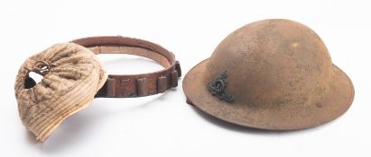 A WWI Royal Artillery MK 1 steel helmet with remains of inner liner.