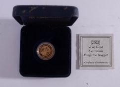 A 2002 quarter oz gold Australian Kangaroo Nugget. Boxed.