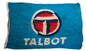 A late 20th century Talbot Motors advertising flag, with central 'Big T' logo on a blue reserve,