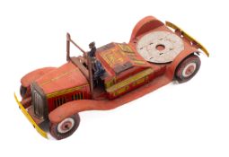 A Mettoy tinplate clockwork fire engine, red with lithograph decals and two figures,