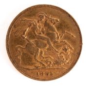 A Victorian 1891 jubilee head sovereign.