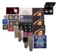 Four Trafalgar £5 coins, together with a 1984 USA Olympic silver dollar,