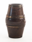 A 19th Century brass banded and walnut string box. Of rounded form and with a screw top, 9cm high.