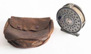 A Hardy Bros, Ltd 3' LRH Lightweight silent check fly fishing reel. Within leather pouch.