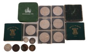 A 1972 boxed silver proof crown, together with three 1951 proof crowns,
