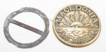 An early 20th Century brass ship's lifeboat badge from the SS 'Macedonia'.