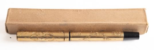 A gold plated Waterman 'Ideal' fountain pen. Having scrolling foliate decoration, in original box.
