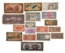 A collection of World banknotes. Comprising Chinese, Japanese, Hong Kong one dollar etc.