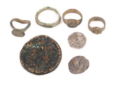 A collection of metal detector finds including 4 pre-medieval bronze rings with 2 hammered coins