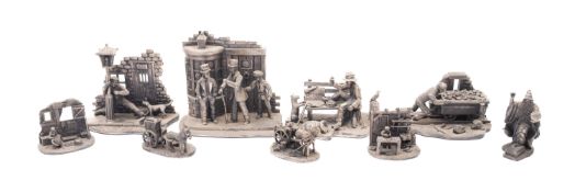 Nine Tudor mint figural groups, including The Pickpocket, The Cobbler, Drunk and Haycart etc,
