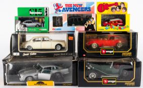 A collection of 1:18 and 1:43 scale diecast vehicles.