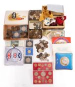 Various boxes containing mixed British and world coinage, including a 1939 Palestine 100 Mils,