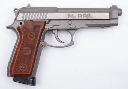 An M Rail 92 air pistol. Serial number 18714920, on a pistol stock with moulded grips.