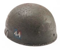 A WWII British Paratrooper helmet shell, green with blue and red '44' insignia to one side,