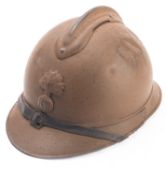A WWI French Infantry M15 Adrian helmet, over painted brown with black leather liner.