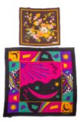 A Christian Dior square silk scarf in a pink and yellow floral design on a brown background (76cm x