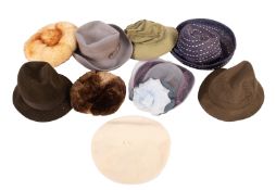 A collection of various hats, including an 'Attaboy' trilby, size 6 7/8, with other fedoras,