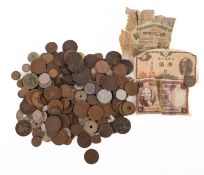 A collection of mainly copper coins of the world, including 1856 penny, West African pennies,